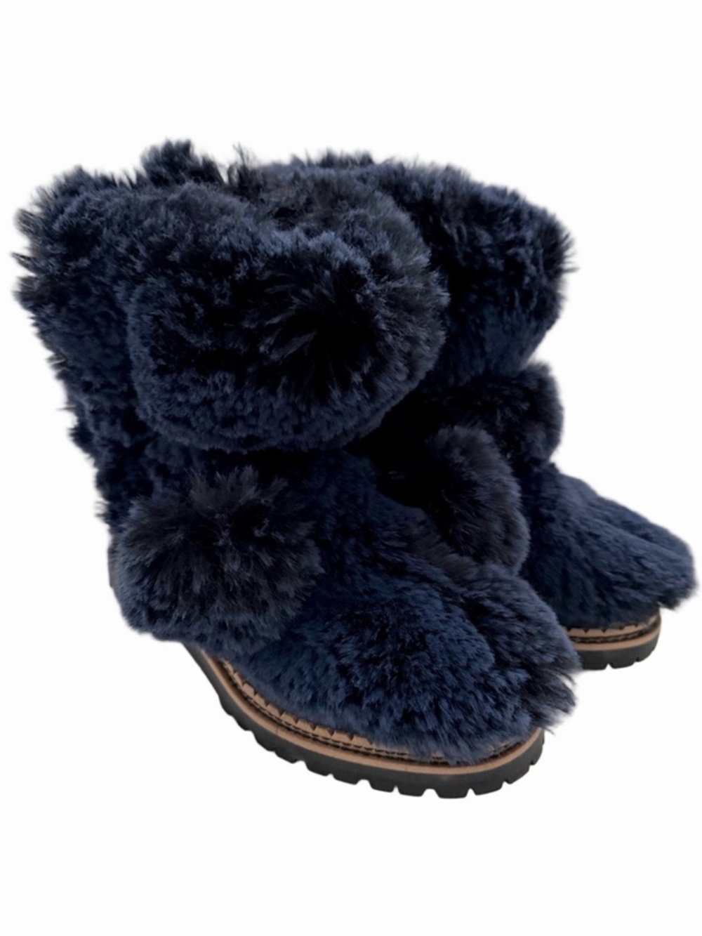 Sam Edelman Blanche Genuine Leather Navy Blue Faux Fur Boots Size 7 Pom Poms